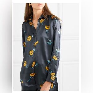 Floral Button-Up Silk Equipment Blouse Size Large, Black, Gold, Blue